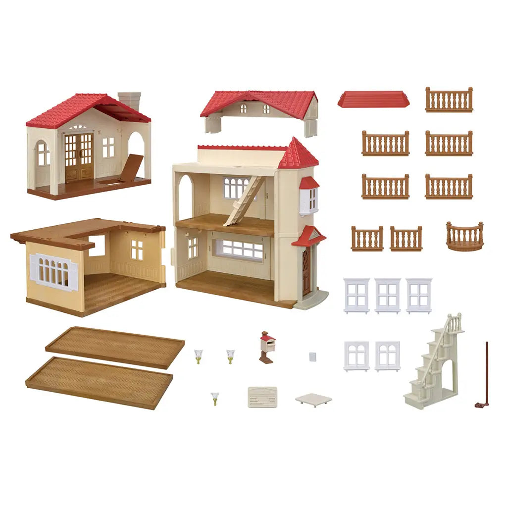 Calico Critters Red Roof Country Home playset parts laid out, including modular house sections, red roofs, brown railings, white windows, stairs, lights, mailbox, and floors.