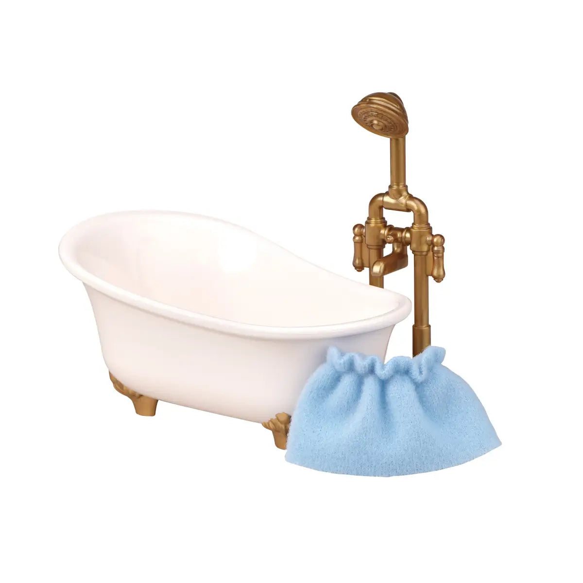 White porcelain-style miniature bathtub with gold clawfoot legs and vintage gold faucet, paired with a soft blue fabric bath mat, displayed on a plain white background for a Calico Critters dollhouse set.