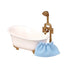 White porcelain-style miniature bathtub with gold clawfoot legs and vintage gold faucet, paired with a soft blue fabric bath mat, displayed on a plain white background for a Calico Critters dollhouse set.