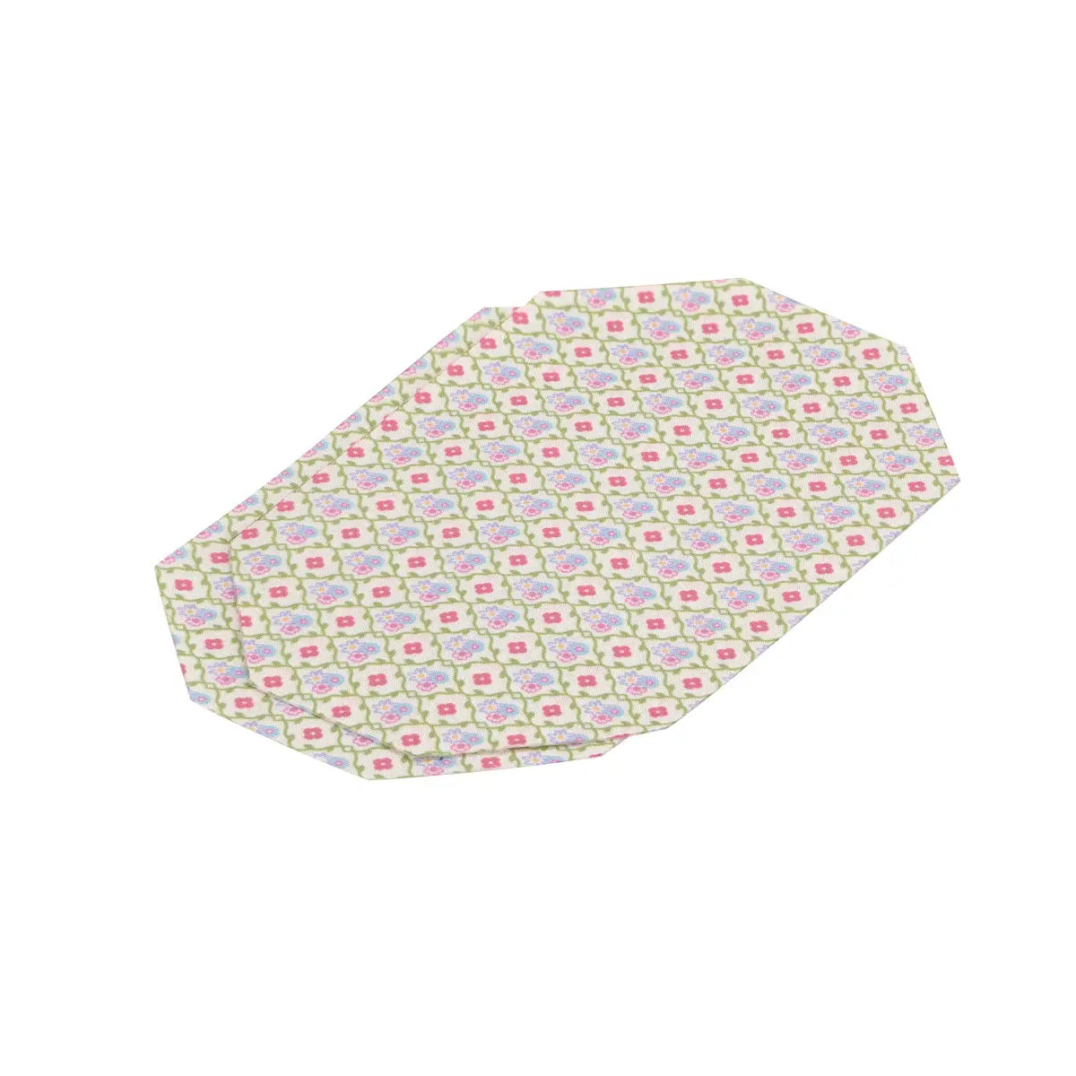 Rectangular floral-patterned miniature rug with pink, blue, and green geometric flower motifs on a white background, designed as an accessory for a Calico Critters dollhouse interior set.