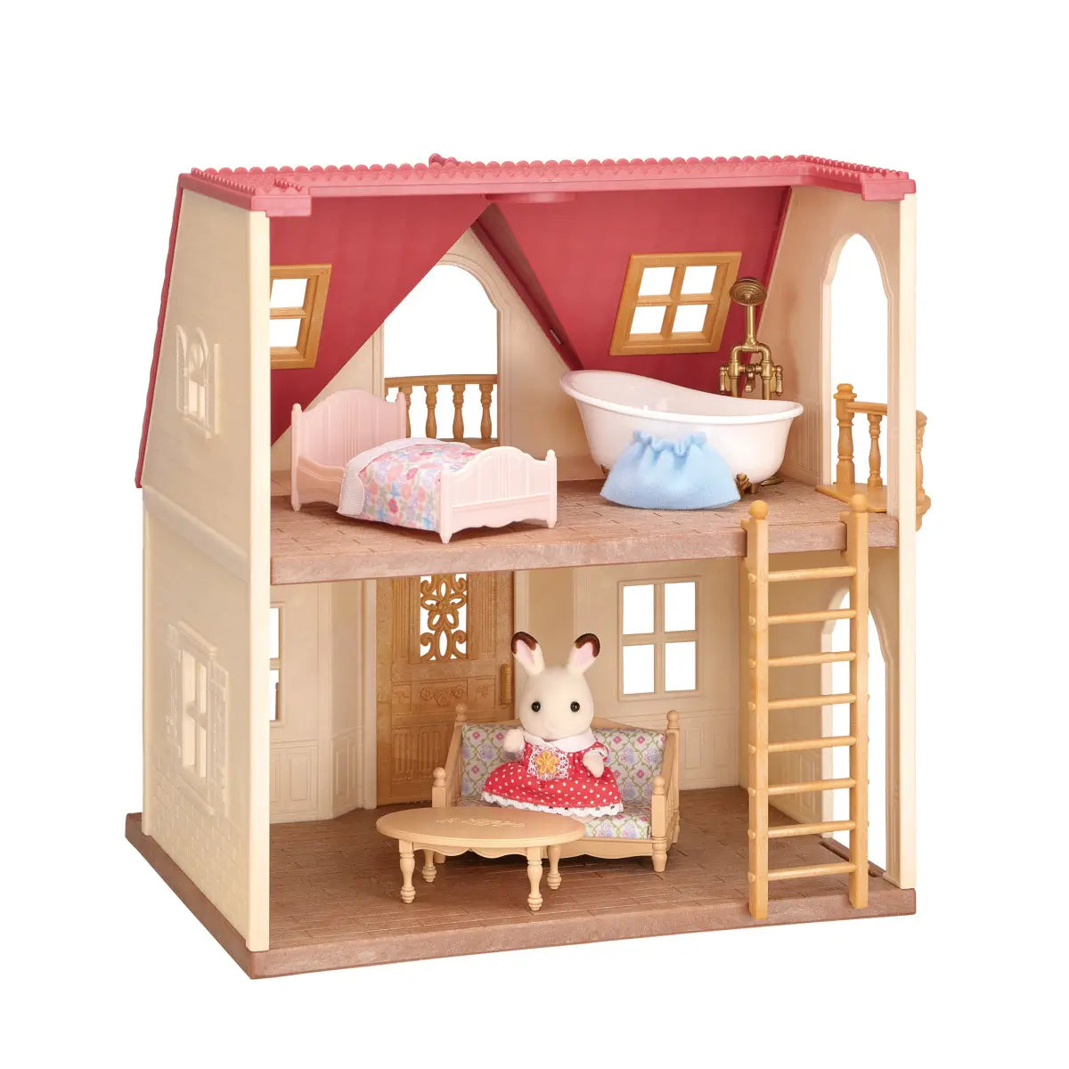 Two-story Calico Critters Red Roof Cozy Cottage dollhouse with red roof, beige walls, wooden floors, and miniature furniture including bed, bathtub, and sofa, featuring a rabbit doll inside.
