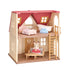 Two-story Calico Critters Red Roof Cozy Cottage dollhouse with red roof, beige walls, wooden floors, and miniature furniture including bed, bathtub, and sofa, featuring a rabbit doll inside.