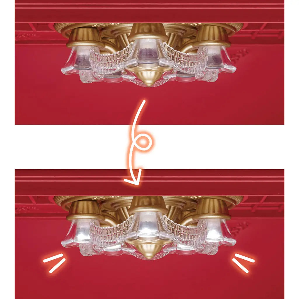 Calico Critters chandelier feature shows a gold and clear molded ceiling light beneath a red roof, with a second view demonstrating the bright white illuminated bulbs.