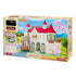 Calico Critters Red Roof Riverside Manor boxed playset shows a white two-story mansion with red roofs, green windows, ornate balconies, garden, river, and small boat.