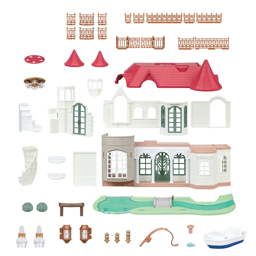 Calico Critters Red Roof Riverside Manor parts include white wall panels, red roofs, bronze railings, green doors, river base, lights, shrubs, fishing rod, and boat.