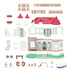 Calico Critters Red Roof Riverside Manor parts include white wall panels, red roofs, bronze railings, green doors, river base, lights, shrubs, fishing rod, and boat.