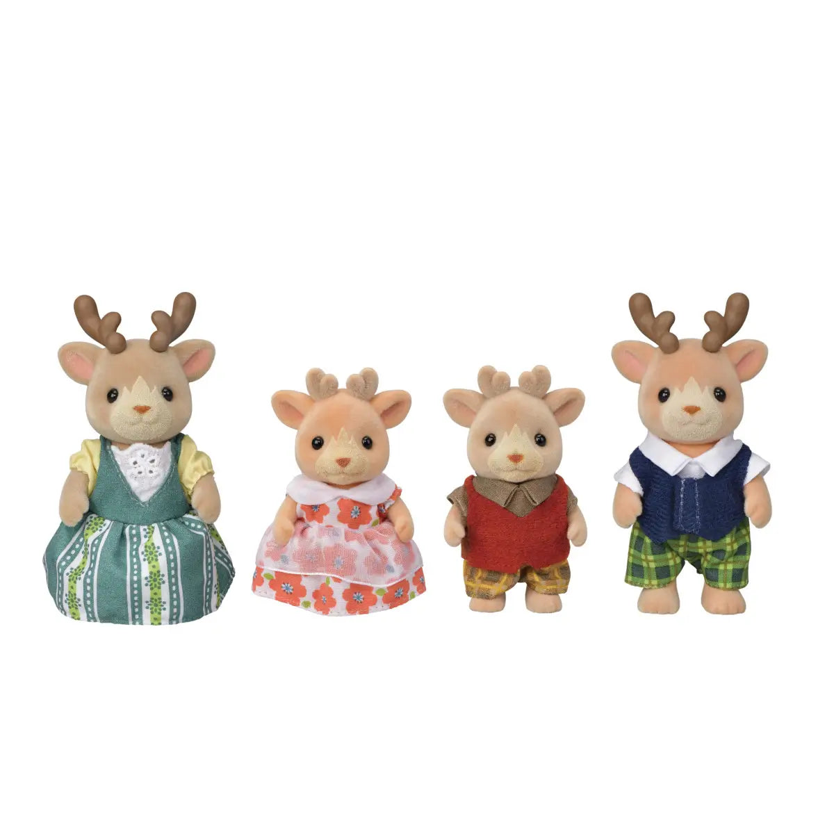 Calico Critters reindeer family set with light brown flocked figures, soft velvety texture, antlers and rounded ears, dressed in patterned dresses, vests, and plaid shorts, posed on white background.