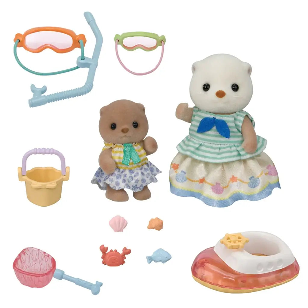 Calico Critters Sea Otter Family set displayed on white background including mother, father, twin baby otters, seashell stroller, and colorful outfits with detailed accessories for play.