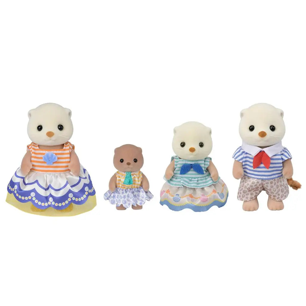 Calico Critters Sea Otter Family features four flocked otter figures in cream and tan, dressed in colorful striped and patterned fabric outfits on a white background.