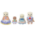 Calico Critters Sea Otter Family features four flocked otter figures in cream and tan, dressed in colorful striped and patterned fabric outfits on a white background.