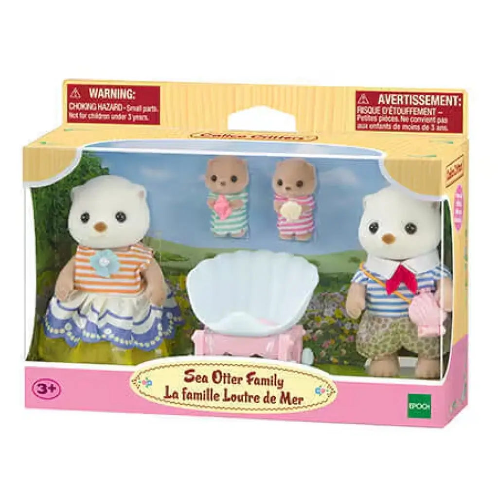 Calico Critters Sea Otter Family retail package with mother, father, twin babies, and stroller displayed in clear window box, labeled with set name and age recommendation for toy collectors.