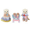 Calico Critters Sea Otter Family figures shown on white background with parents dressed in striped tops and patterned bottoms, and twin babies in seashell stroller holding pastel shell toys.
