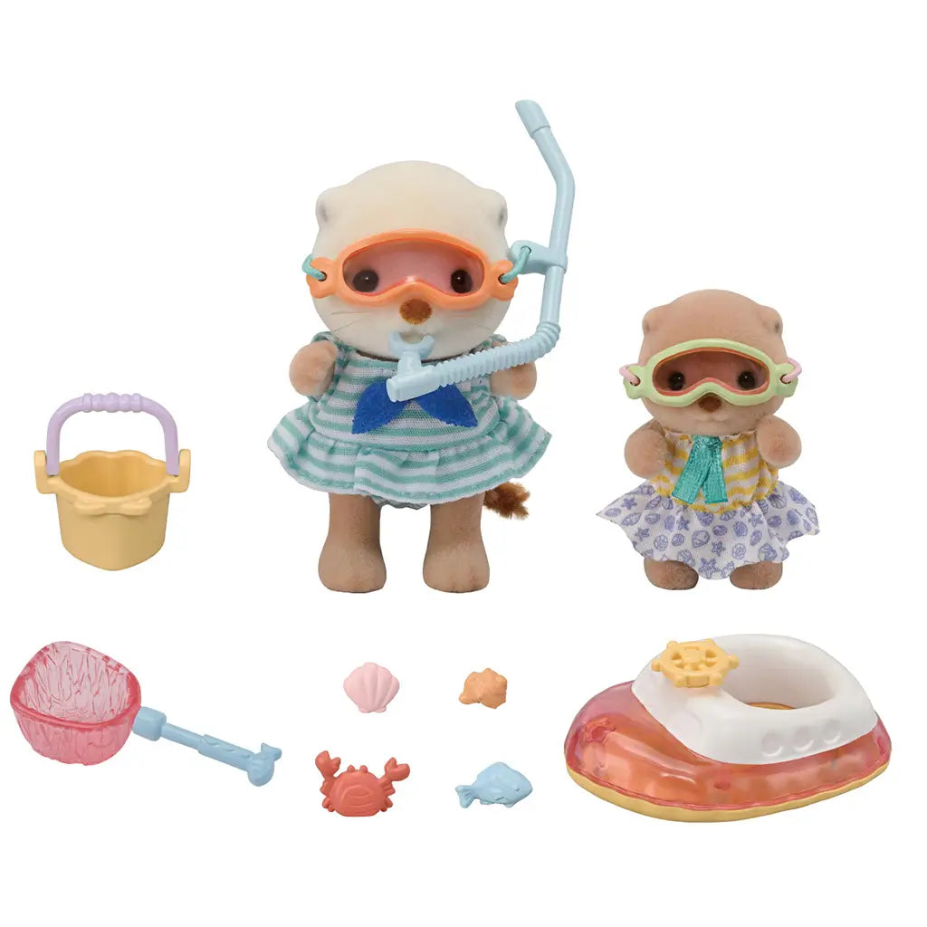 Calico Critters Sea Otter Sisters dressed in snorkel gear with toy goggles, snorkel tube, bucket, net, shells, crab, fish, and small boat displayed on a plain white background.