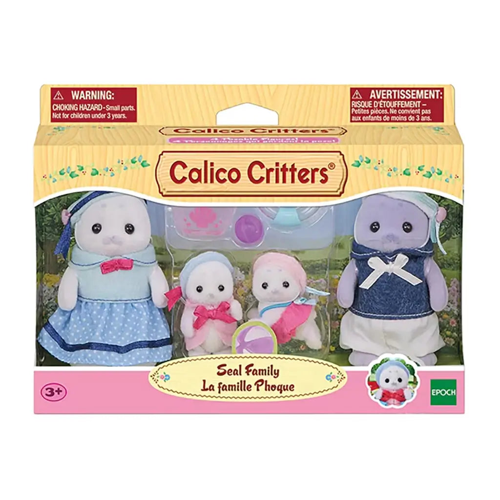 Front view of Calico Critters Seal Family toy package featuring four plush seal figures in colorful clothing with accessories, displayed in a branded box with clear window.