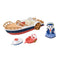 Calico Critters Seal Sailor's Leisure Boat set includes a navy, white, and red paddle boat with brown rails, Seal Mother Amora, a red dinghy, and small white boat.