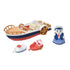 Calico Critters Seal Sailor's Leisure Boat set includes a navy, white, and red paddle boat with brown rails, Seal Mother Amora, a red dinghy, and small white boat.