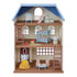Calico Critters Sky Blue Terrace dollhouse front view reveals three floors with arched windows, wooden ladders, blue bunk bed, play slide, table, and two critter figures inside.
