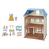 Calico Critters Sky Blue Terrace set displayed with house, blue roof, critter figurines, pink chairs, blue bunk bed, play mat, easel, and small toy accessories arranged nearby.