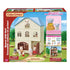Calico Critters Sky Blue Terrace Gift Set box shows cream-colored three-story dollhouse with blue roof, front yard, bonus critters, baby room furniture, and outdoor play scene.