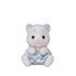 Calico Critters Snow Leopard baby figure has white flocked fur, gray spots and pink ears, wearing a pale blue patterned outfit with pink trim while seated on white.
