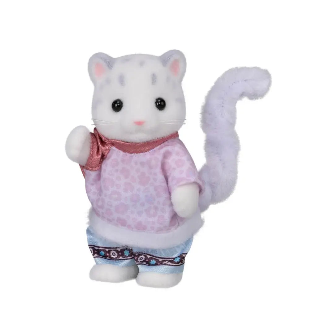Calico Critters Snow Leopard father figure has white flocked fur, gray spots and a curled tail, wearing a pink patterned top, blue pants and red scarf on white.