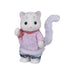 Calico Critters Snow Leopard father figure has white flocked fur, gray spots and a curled tail, wearing a pink patterned top, blue pants and red scarf on white.