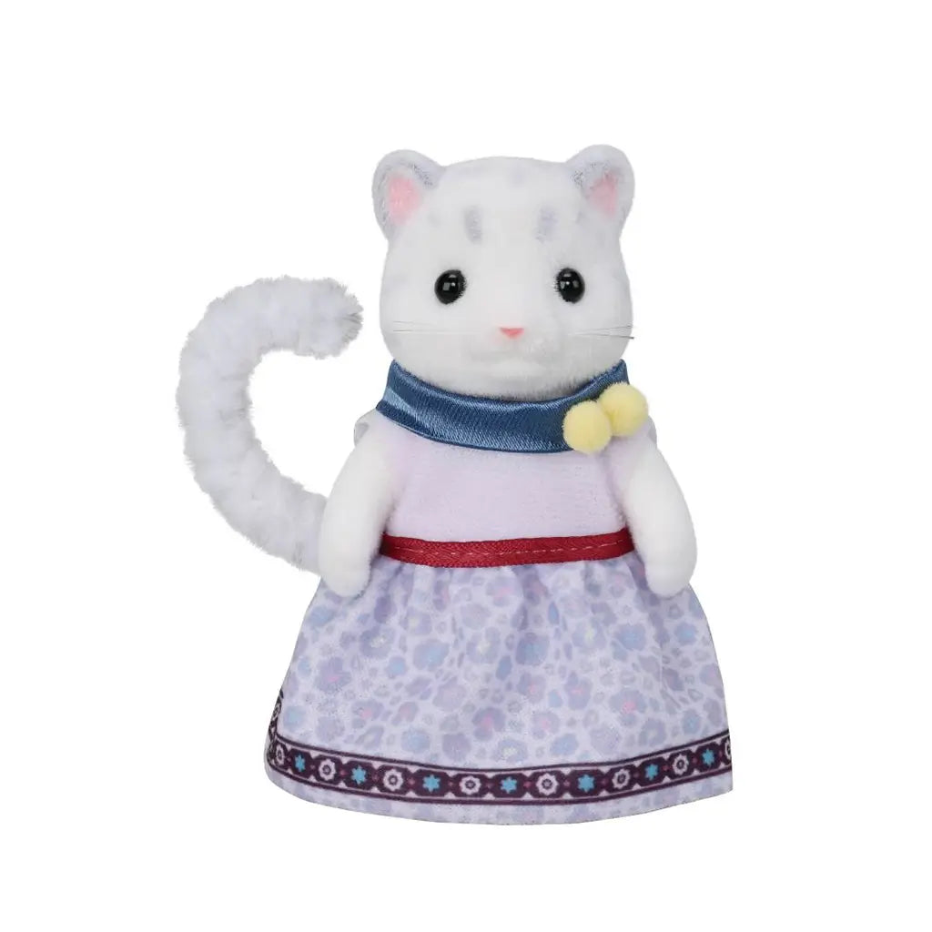 Calico Critters Snow Leopard mother figure has white flocked fur, gray spots and curled tail, wearing a lavender patterned skirt, pale pink top and blue scarf on white.