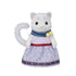 Calico Critters Snow Leopard mother figure has white flocked fur, gray spots and curled tail, wearing a lavender patterned skirt, pale pink top and blue scarf on white.
