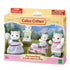 Calico Critters Snow Leopard Family boxed set displays four white flocked figures with winter outfits, plus pastel skis and a lavender snowmobile behind clear packaging.