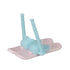 Calico Critters ski set features two pale pink plastic skis with light blue poles and molded bindings, sized as winter play accessories and shown on a white background.
