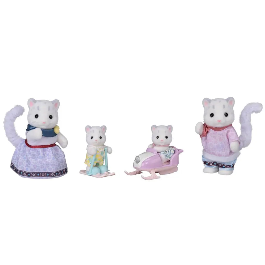 Calico Critters Snow Leopard Family set shows four white flocked figures in pastel winter outfits, with one child on skis and one baby riding a lavender snowmobile.