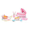 Calico Critters Sophie’s Love ’n Care set includes baby rabbit figurine, pink polka-dot stroller with lace trim, toy bathtub, feeding table, bottles, potty, and miniature nursery items.