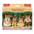 Calico Critters Walnut Squirrel Family set in brown flocked figures with bushy tails and black bead eyes, dressed in yellow and plaid fabric outfits inside retail box with forest backdrop.
