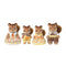 Calico Critters Walnut Squirrel Family figures in brown flocked finish with rounded ears and fluffy tails, wearing yellow dresses and plaid shorts for dollhouse play on white background.