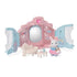 Calico Critters Style & Sparkle Dressing Room toy playset opened to reveal pink and blue carriage with mirror, sofa, table, accessories, and rabbit doll in dress holding handbag.