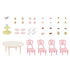 Complete Calico Critters Sweets Party Set pieces laid out, showing pastel chairs, round table, tiered stand, miniature cakes, cookies, pastries, cups, and utensils.