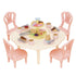 Calico Critters Sweets Party Set with pastel round table, four pink chairs, plates, forks, and desserts including cupcakes, eclairs, and tiered treat stand.