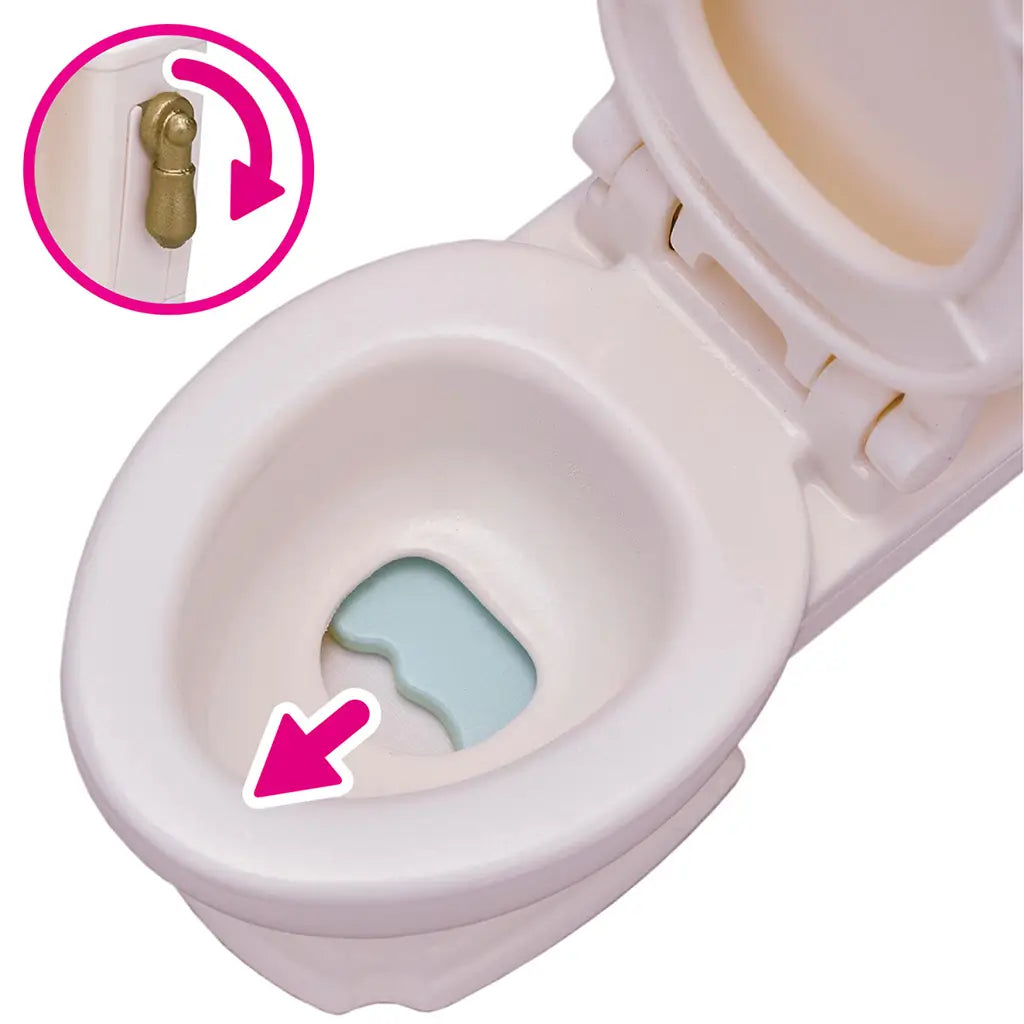 Close-up of Calico Critters Toilet Set toilet bowl with water detail and gold side lever, highlighted with pink arrow to show flush action.