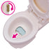 Close-up of Calico Critters Toilet Set toilet bowl with water detail and gold side lever, highlighted with pink arrow to show flush action.