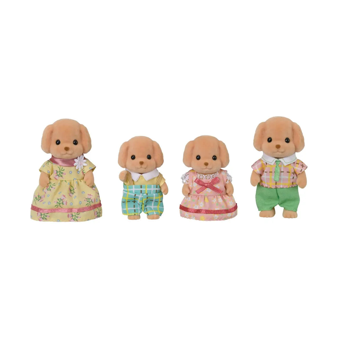 Calico Critters Toy Poodle Family characters show tan flocked poodle dolls in detailed pastel clothing with lace trim, ribbon accents, and plaid patterns on white backdrop.