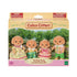 Calico Critters Toy Poodle Family set features tan flocked poodle figures in floral dress, plaid shirts, and pastel outfits displayed in retail box with garden backdrop.