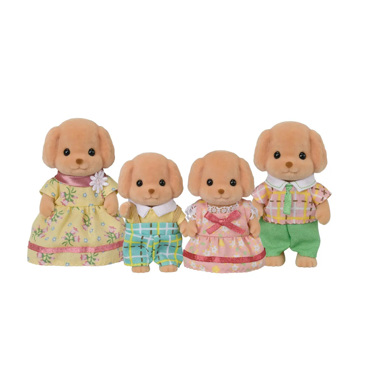 Calico Critters Toy Poodle Family figures include tan flocked poodles in yellow floral dress, green plaid pants, pink lace dress, and plaid shirt with green shorts on white background.