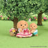 Calico Critters Toy Poodle Twins outdoor play scene shows brown puppy figurine in pink dress with basket of flowers beside twin sibling in diaper under a tree with butterfly.