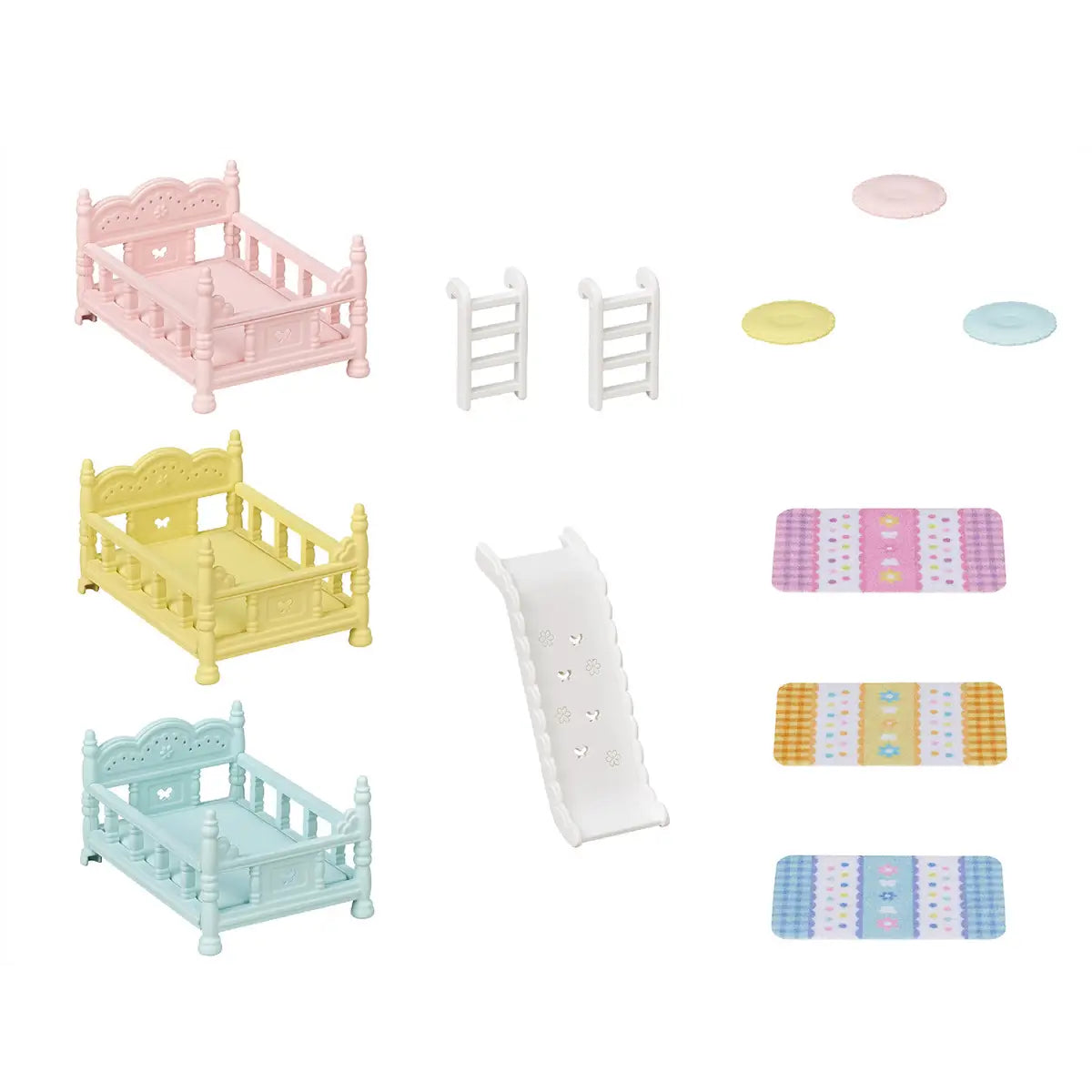 Calico Critters triple bunk beds dollhouse furniture set in pastel pink, yellow, and blue molded plastic with carved headboards, ladders, slide, and patterned bedding pieces on white background.