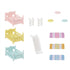 Calico Critters triple bunk beds dollhouse furniture set in pastel pink, yellow, and blue molded plastic with carved headboards, ladders, slide, and patterned bedding pieces on white background.