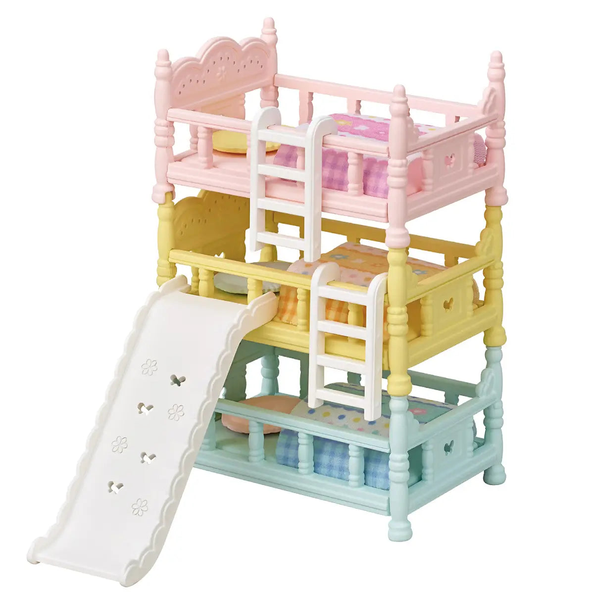 Calico Critters triple bunk beds dollhouse furniture in pastel pink, yellow, and blue plastic with scalloped headboards, white ladders, curved slide, and floral bedding stacked in vertical tower form.