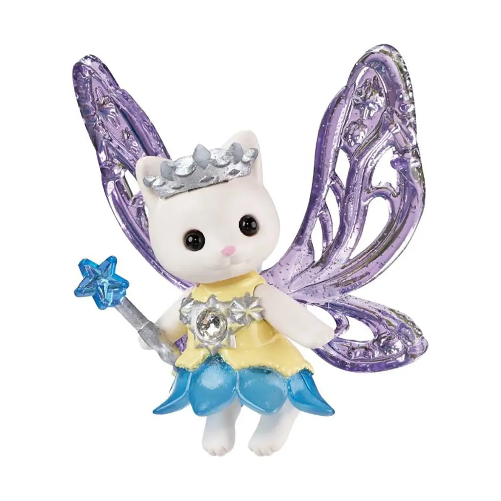 Calico Critters star fairy is a white cat figure with translucent purple wings, a silver crown, yellow and blue dress, jeweled belt, and blue star wand on white.