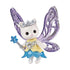 Calico Critters star fairy is a white cat figure with translucent purple wings, a silver crown, yellow and blue dress, jeweled belt, and blue star wand on white.