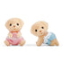 Two Calico Critters Yellow Labrador twin figurines, one wearing a pink lace outfit sitting upright and the other in a blue lace outfit crawling, shown on a white background.
