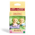 Calico Critters Yellow Labrador Twins toy set in retail packaging, showing Shiloh in pink lace and Marley in blue lace with lavender car accessory, labeled for ages 3+.